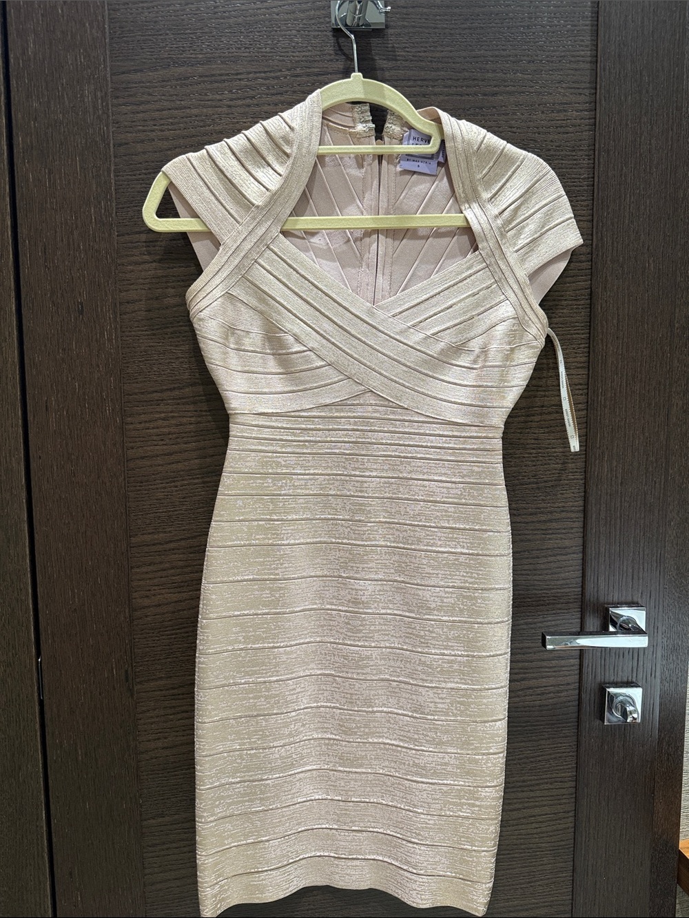 Herve Leger Shimmering Cream Bandage Midi Dress